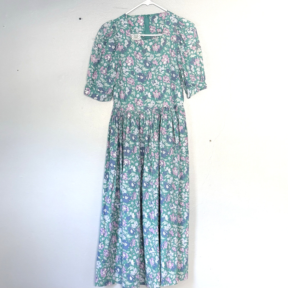 Vintage Laura Ashley Dress UK 14 US 12 Teal Purple Cottagecore Modest Midi